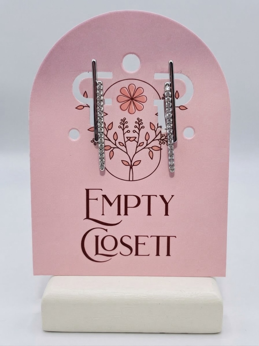 Silver Crystal Bar Drop Earrings - Pink Card